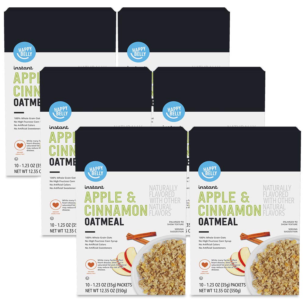 Amazon Brand - Happy Belly Instant Oatmeal, Apple & Cinnamon, 60 Count (6 Packs of 10)