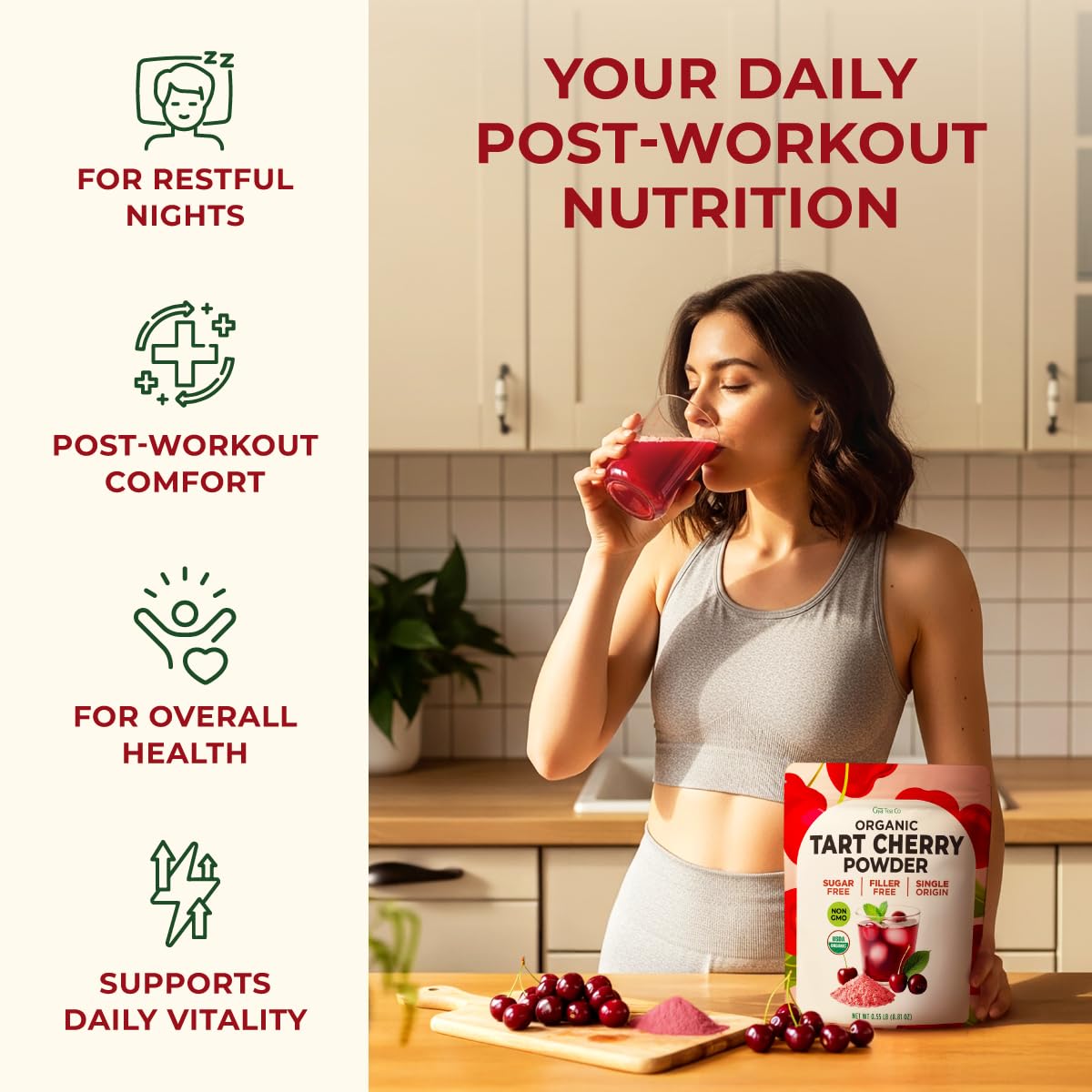 Organic Tart Cherry Powder, 0.55 Lb - 100% Natural Juice Extract, Sweet Tangy Flavor Great for Drinks, Smoothies & Baking - Rich in Antioxidants