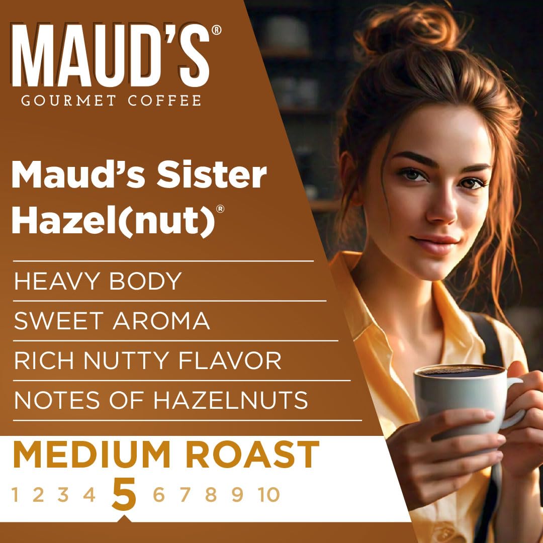 Maud's Sweet Hazelnut Flavored Coffee Pods, 18 ct, Medium Roast Flavored Coffee in Single Serve Pods - 100% Arabica Beans, Compatible with Keurig K