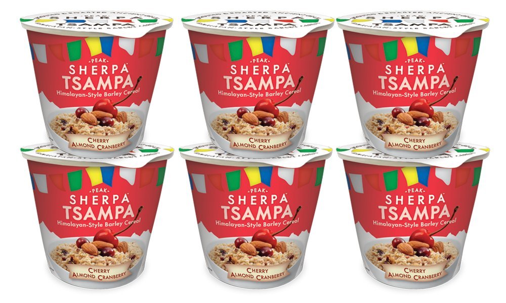 Peak Sherpa Tsampa Cereal Cup, Cherry Almond Cranberry Flavor, 6 Cereal Cups, Ready to Eat, Certified Organic, Sprouted & Roasted Whole Grain Barley