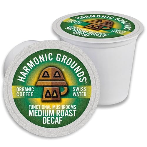 Harmonic Grounds Organic Decaf Mushroom Coffee Pods - Swiss Water Process, Medium Roast with Lion's Mane, Reishi, Chaga, Cordyceps & Turkey Tail