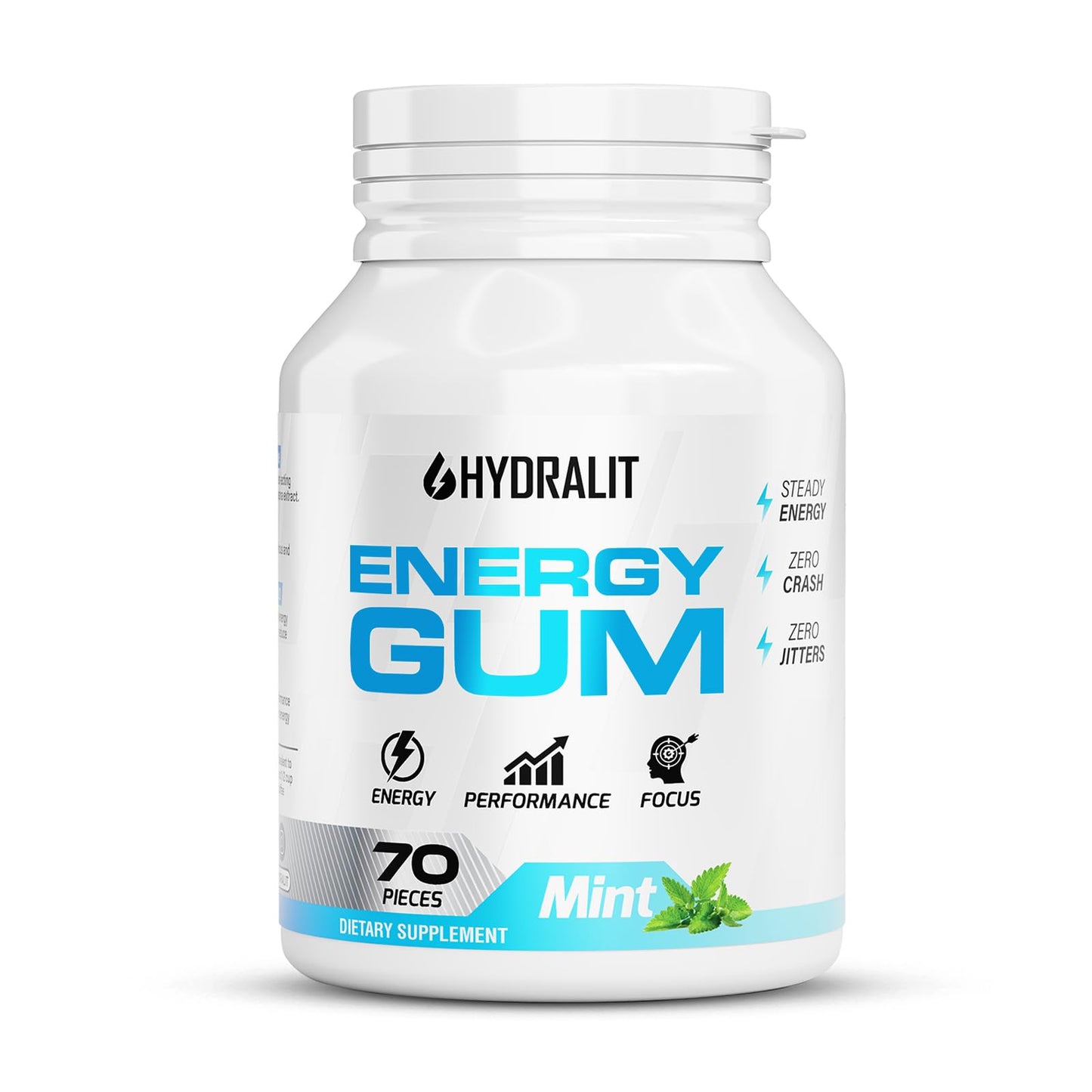 Hydralit Energy Gum with Caffeine, B Vitamins, Taurine Sugar Free Chewing Gum for Energy, Focus, Performance and Clarity, Nootropic Supplement Work