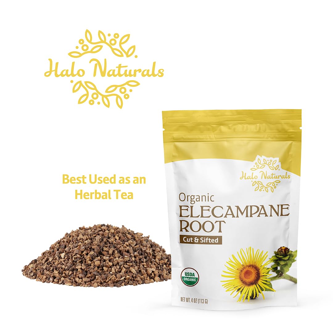 Halo Naturals Organic Elecampane Root Cut & Sifted, 4 Ounces (Inula helenium) USDA Certified | Resealable Pouch| Packaged in The USA