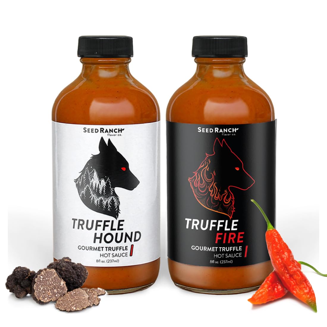 Seed Ranch Truffle Hound & Truffle Fire Hot Sauce Variety Pack - Spicy & Savory Truffle Hot Sauce with Chile de Arbol, Ghost Pepper & Garlic - Vegan
