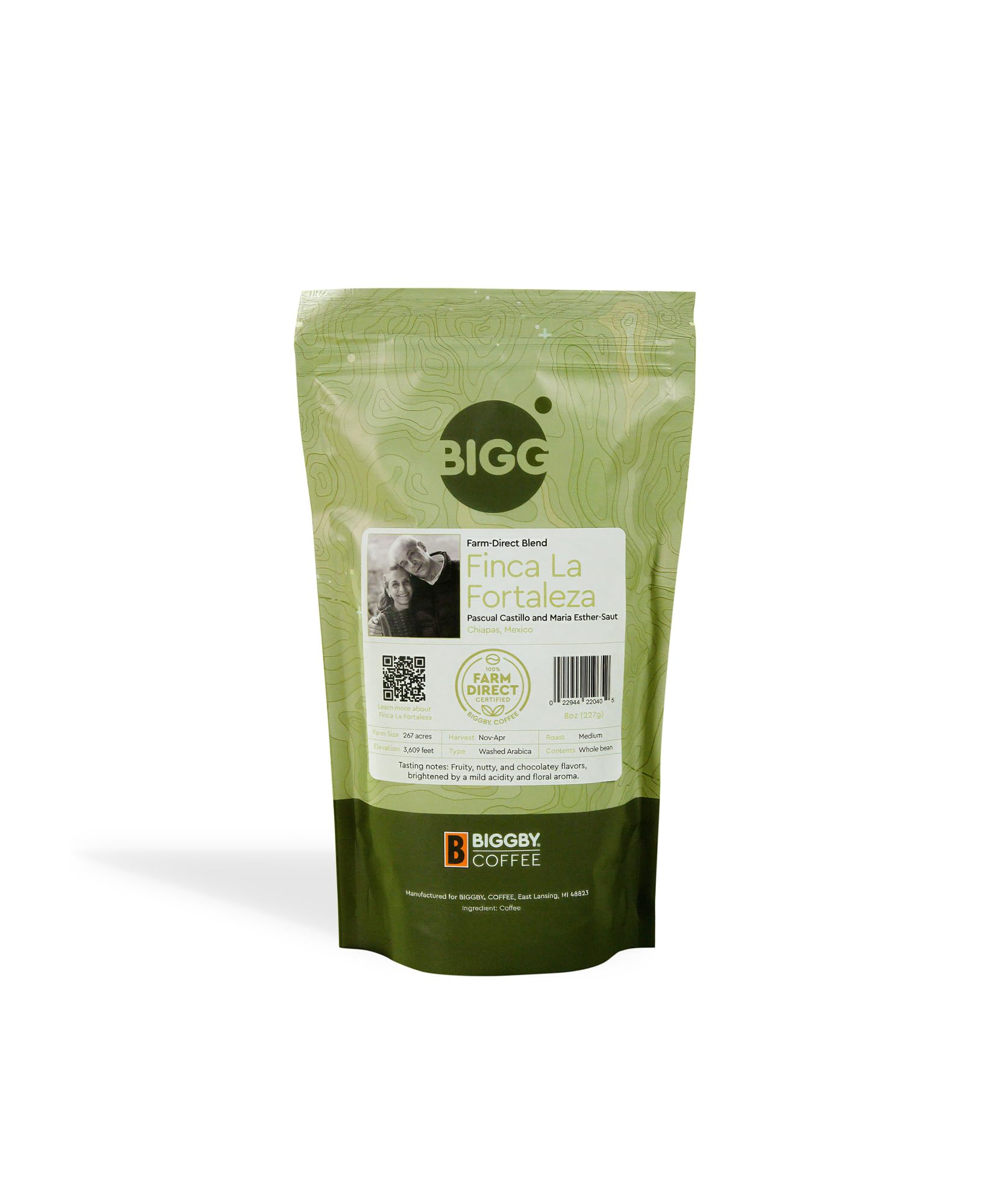 BIGGBY® La Fortaleza Whole Bean Coffee,100% Farm-Direct, 8oz Bag, Medium Roasted