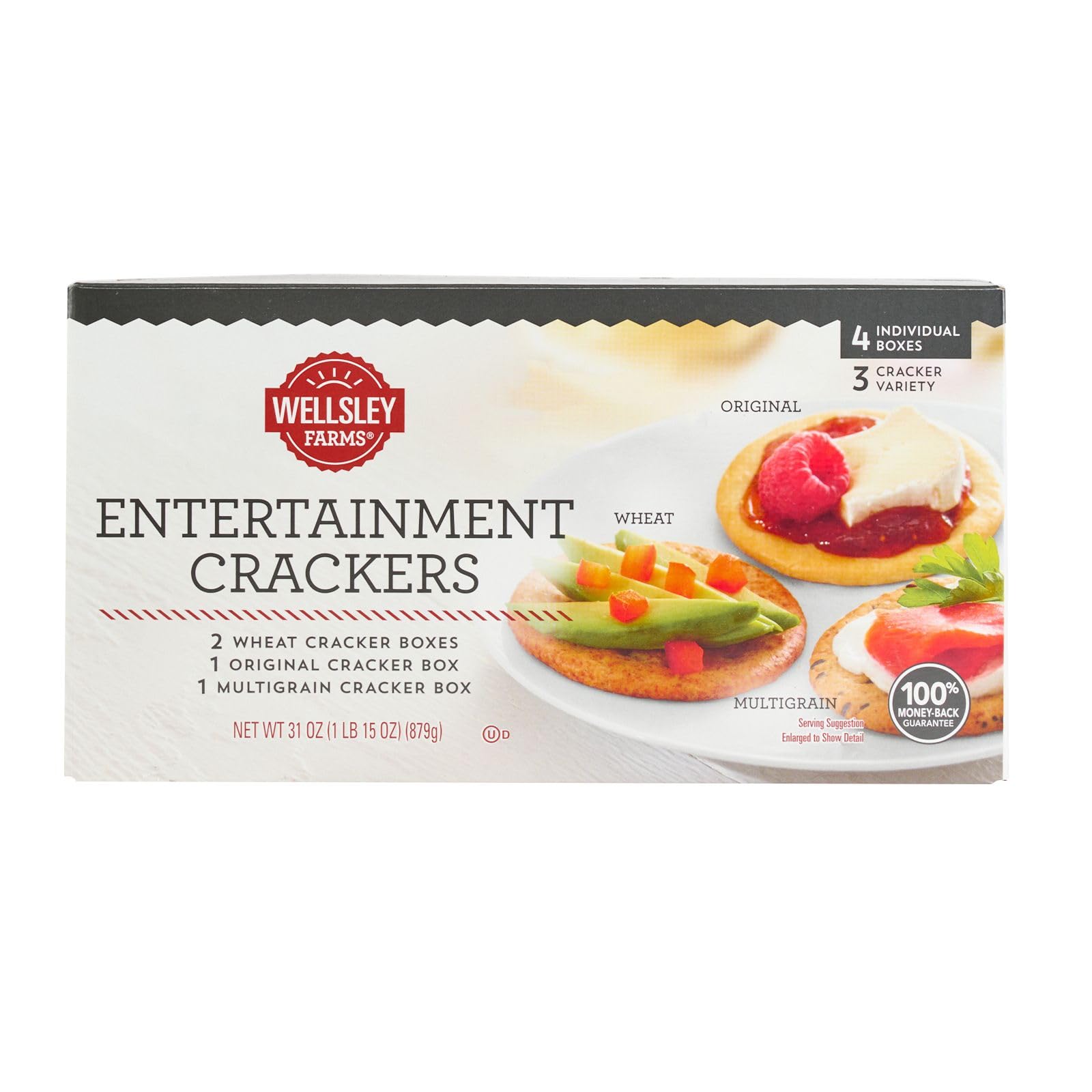 Wellsley Farms Entertainment Crackers 4 Box Variety Pack (1lb 15 oz) 2 Original Wheat, 1 Crisp & Buttery, 1 Multigrain