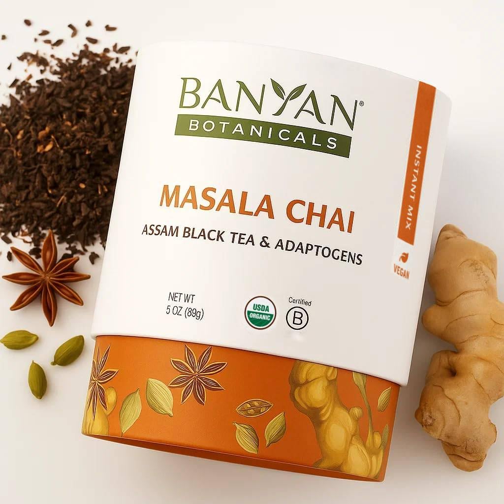 Banyan Botanicals Masala Chai - Organic Tea with Assam Black Tea, L-Theanine & Adaptogenic Herbs - Vegan, Loose Leaf, Fair Trade - 3 oz, 42 Servings