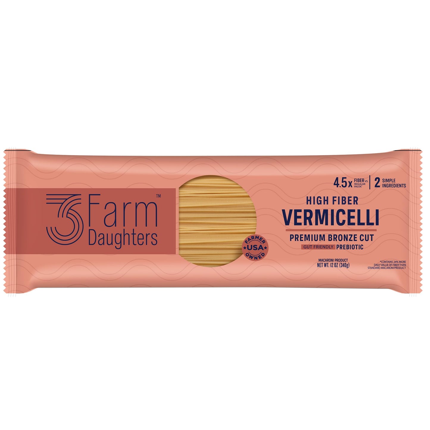 Three Farm Daughters High Fiber Pasta Vermicelli Pack, Irresistible, Low GI, Non GMO Vermicelli Pasta Noodles, Low Net Carb, Made in the USA from Just