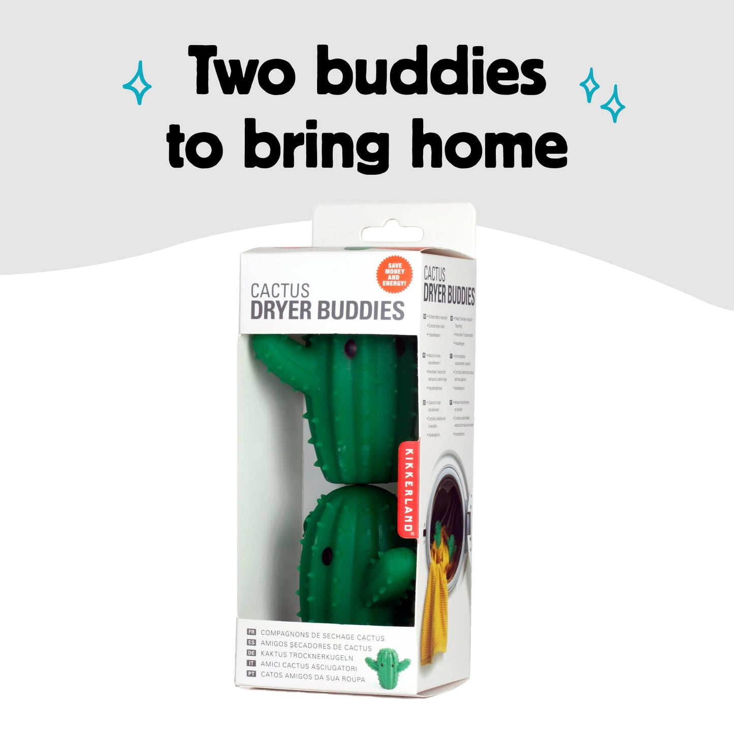 Kikkerland Set of Two Reusable Dyer Buddies for Laundry - Fabric Softener Dryer Balls - Control Static, Remove Wrinkles, Dry Clothes Faster, Cactus