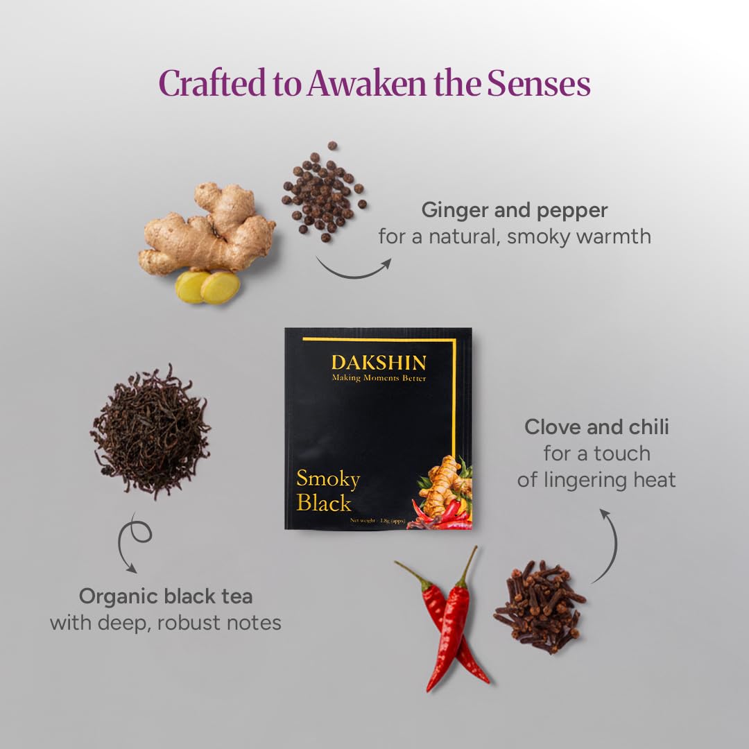 DAKSHIN Organic Smoky Black Tea Bags | Spiced with Ginger, Cloves, Black Pepper & Chilli | Bold Immunity & Energy Tea | USDA Organic | 16 Tea Bags