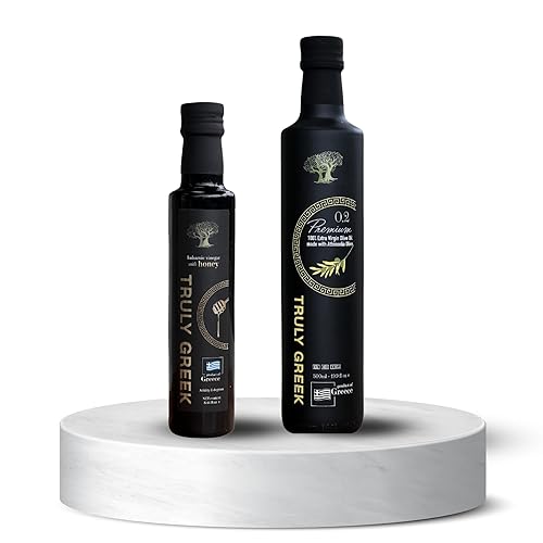 TRULY GREEK Flavors of Greece Gift Box - Premium 0.2 Athenolia Single Varietal Extra Virgin Olive Oil & Honey Balsamic Vinegar, Cold Press Greek Olive