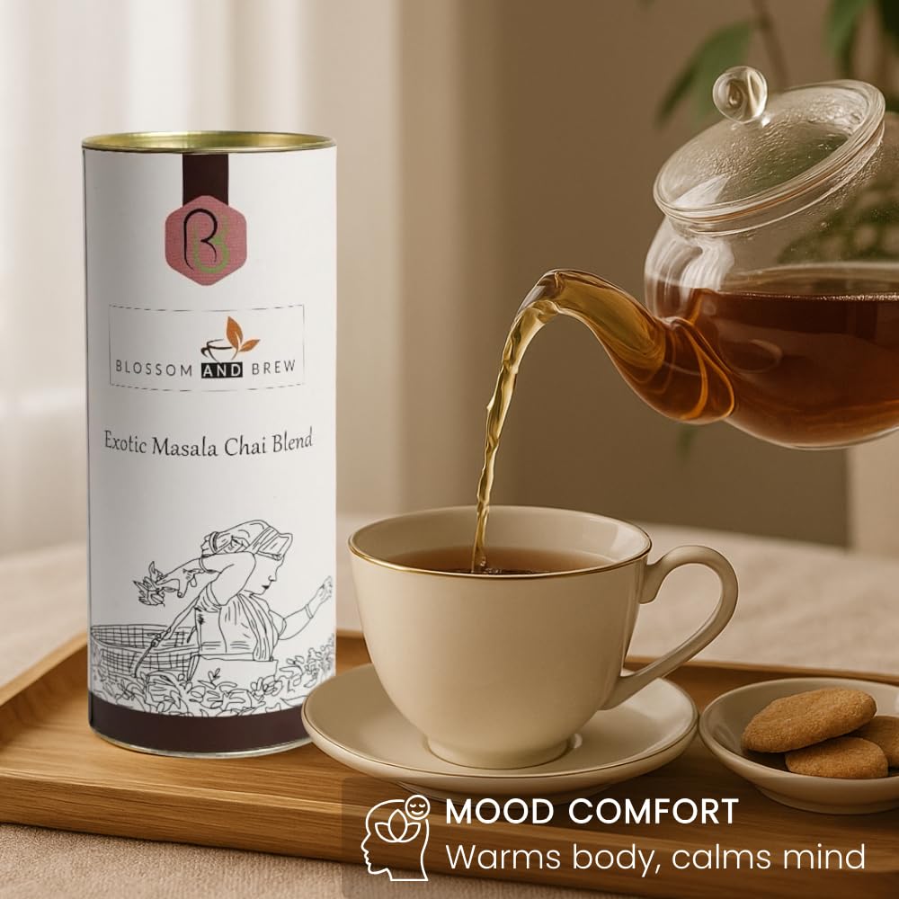 Blossom & Brew Exotic Masala Chai Blend(8.81oz)- Signature Indian Spiced Tea - Black Whole Leaf with Cardamom, Ginger, Clove, Cinnamon & Black Pepper