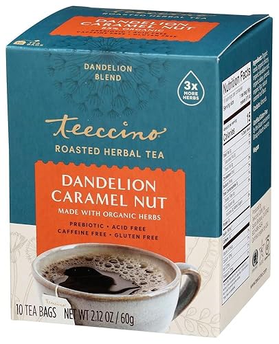 Teeccino Dandelion Caramel Nut Tea - Caffeine Free, Roasted Herbal Tea with Prebiotics, 3x More Herbs than Regular Tea Bags, Gluten Free - 10 Tea Bags