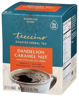 Teeccino Dandelion Caramel Nut Tea - Caffeine Free, Roasted Herbal Tea with Prebiotics, 3x More Herbs than Regular Tea Bags, Gluten Free - 10 Tea Bags