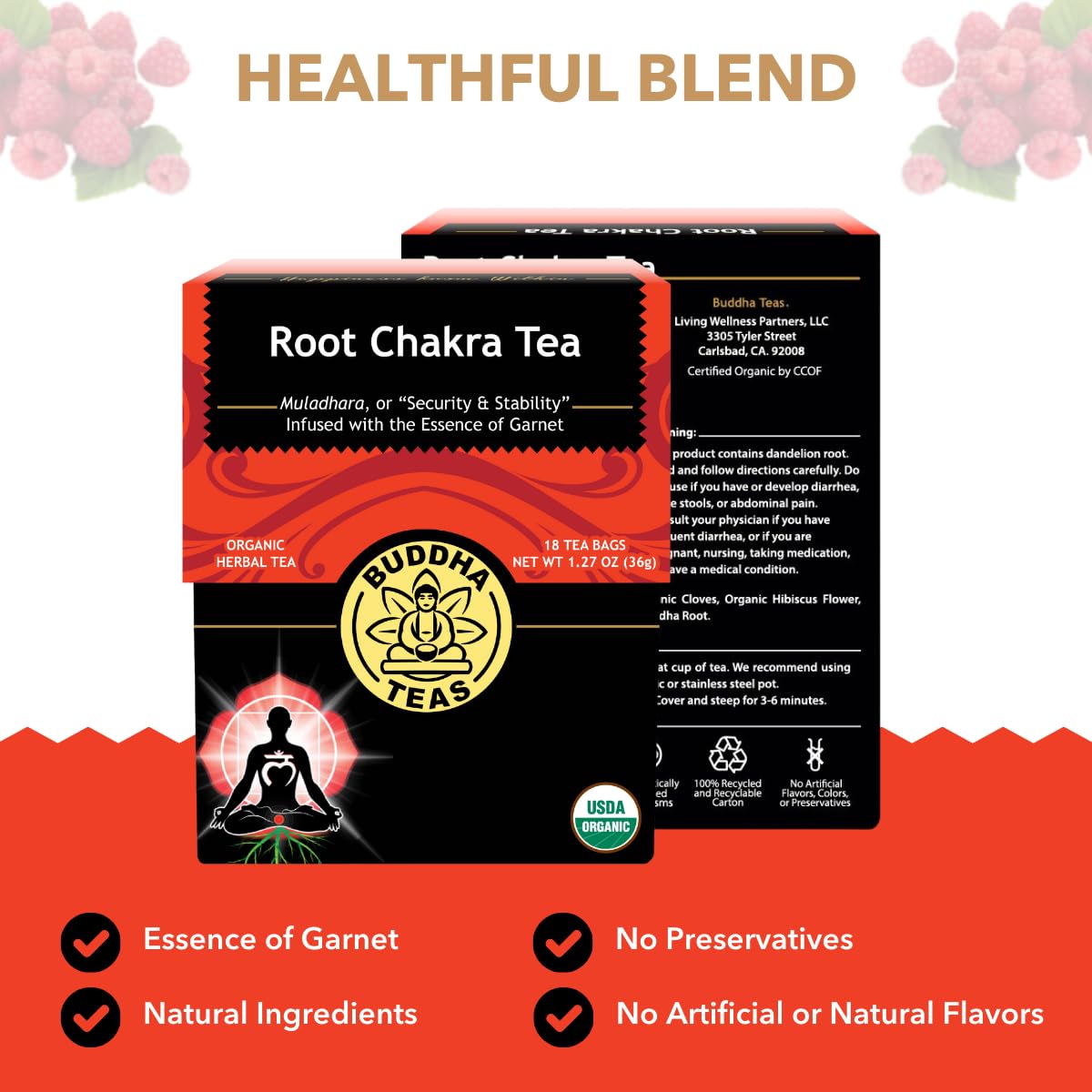 Buddha Teas - Root Chakra Tea - Organic Herbal Tea - For Security & Stability - With Ashwagandha Root, Raspberry Leaf, Cloves & Garnet Essence - 100%