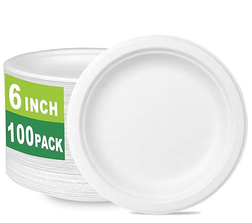 CantaGreen 6 inch Small Compostable Dessert Plates,100 Count Heavyduty Sugarcane/Bagasse and Bamboo Fibre Biodegradable Disposable Paper Plate