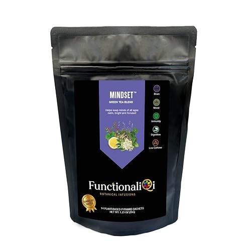FunctionaliQi Mindset Herbal Green Tea Blend, Peppermint Tea for Brain Health Focus Mood with Ashwagandha, Sage, Gotu Kola, Ginkgo Biloba, Lemon