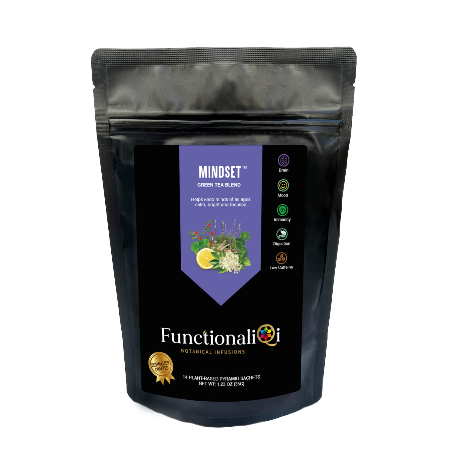 FunctionaliQi Mindset Herbal Green Tea Blend, Peppermint Tea for Brain Health Focus Mood with Ashwagandha, Sage, Gotu Kola, Ginkgo Biloba, Lemon
