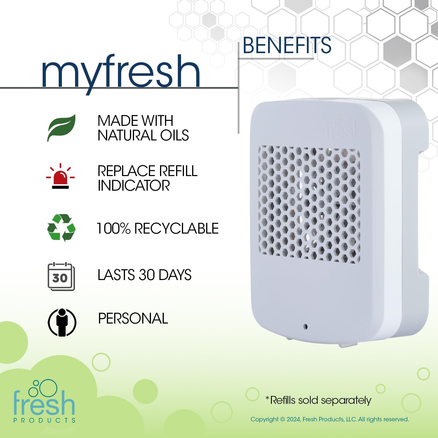 Fresh Products myfresh 2.0 Personal Air Freshener with Dry Fragrance Technology for Small Spaces Compact Design Motion Sensor Battery Operated White