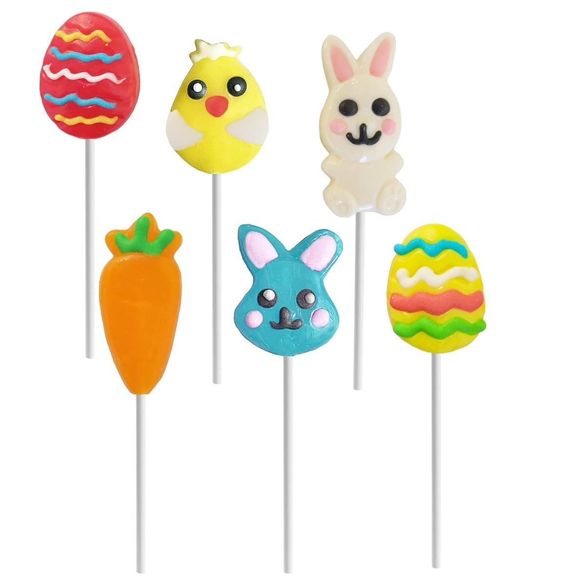 Happy Easter Variety Pack Lollipops Suckers, Colorful Easter Eggs, Yellow Bunny Rabbit, Orange Carrot Designs Fat-Free, Individually Wrapped Easter