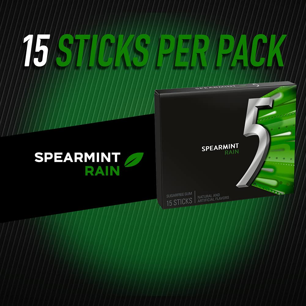 5 Gum Spearmint Sugarfree Gum, Piece Single Pack, Rain, 15 Count