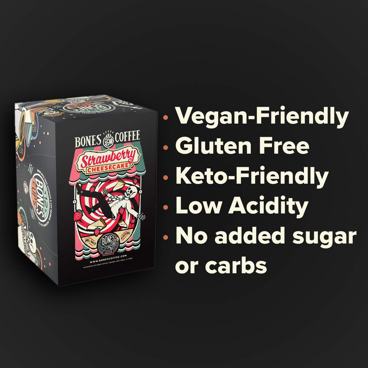 Bones Coffee Company Strawberry Cheesecake Flavored Coffee Pods, Low Acid Medium Roast Single-Serve Bones Cups, Compatible with 1.0 & 2.0 K-Cups