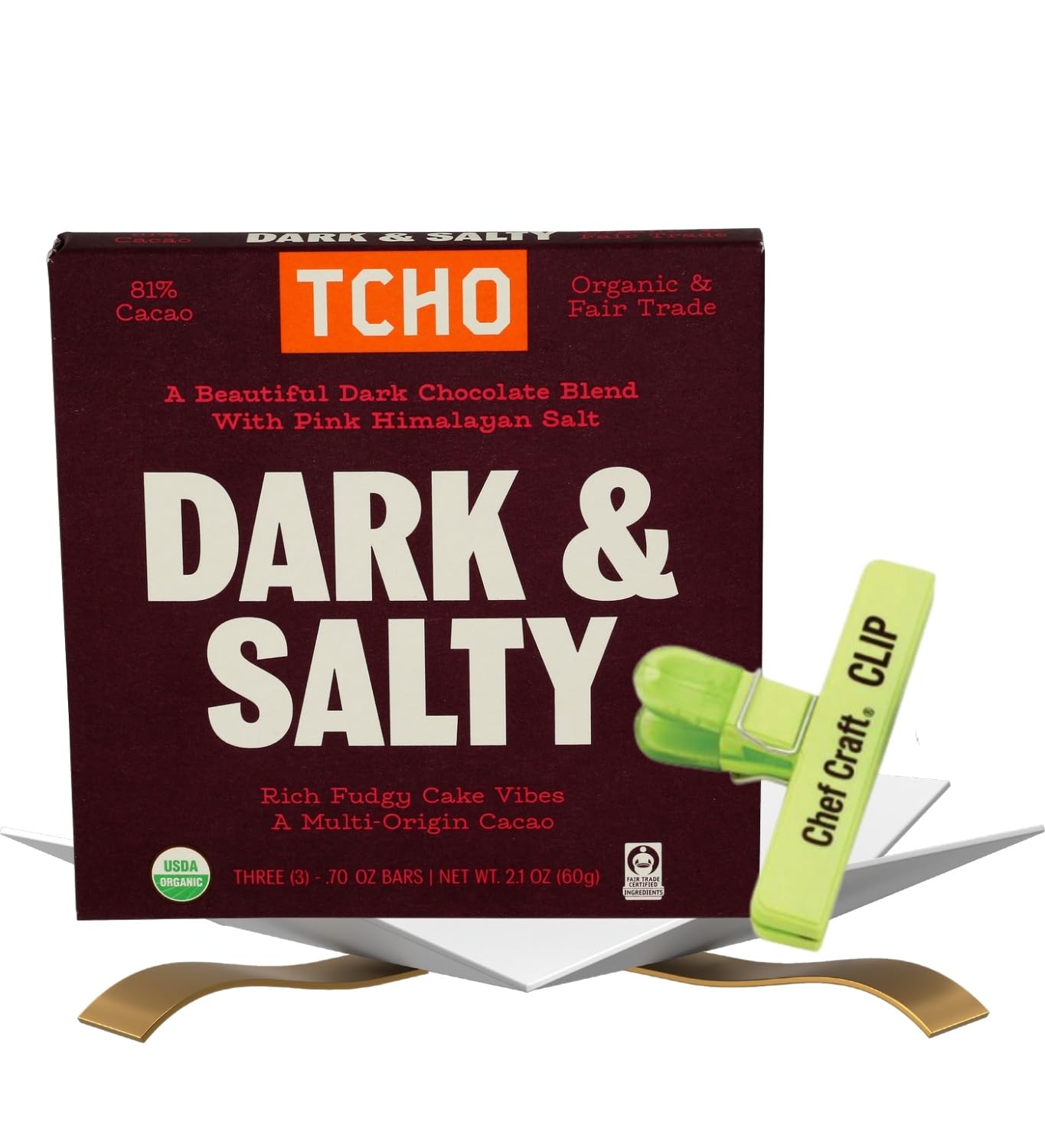 Bar Choc Dark And Salty, 2.5 OZ Bundle with Plastic Bag Clip - Rich Chocolate with Salty Crunch for Snacking and Resealable Bag Clip for Freshness