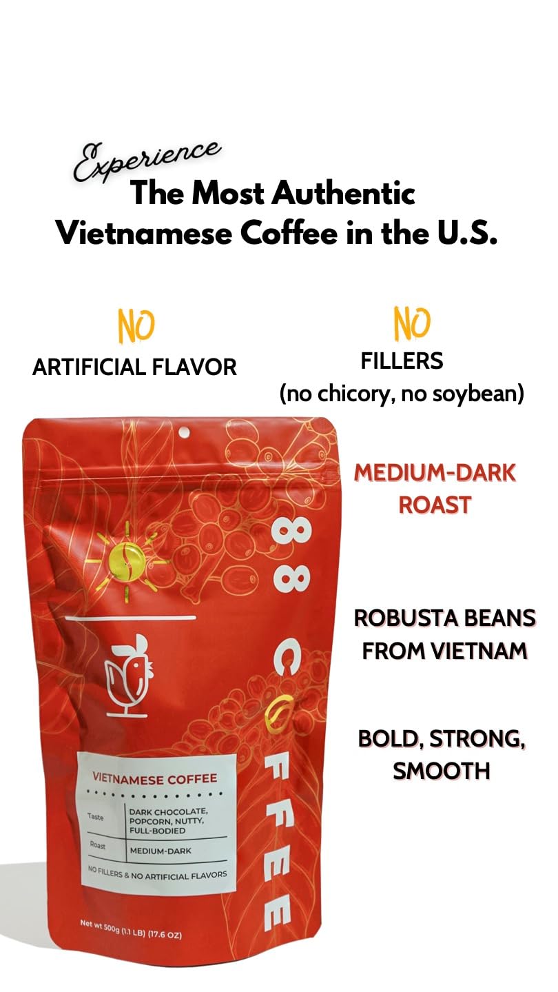 88 COFFEE COMPANY - 100% Vietnamese Coffee 12oz bag - Medium Dark Roast,100% Robusta - Authentic Vietnam Coffee for Phin, Espresso, Drip & Iced Café