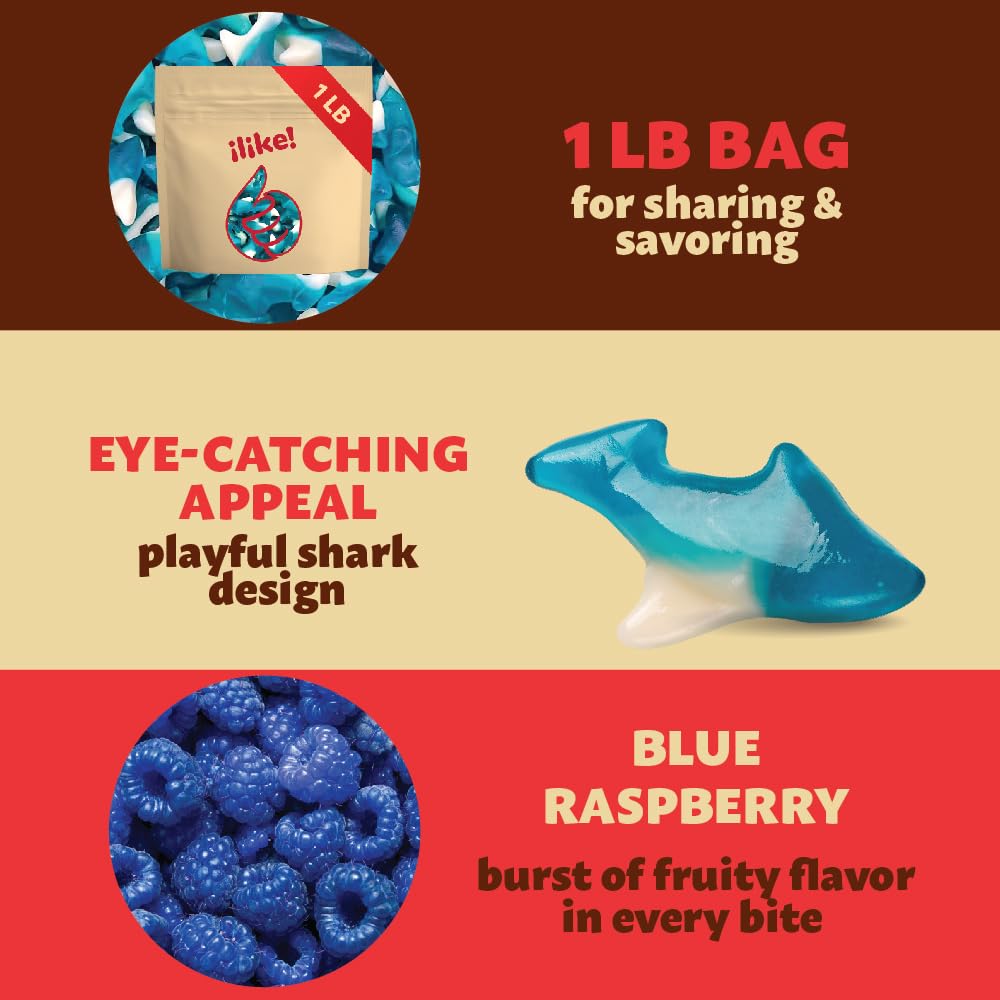 Blue Sharks Gummy Candy | 1 Pound Bag | Blue Raspberry Flavor | Chewy Fruity Gummy Sharks | Ocean Gummy Fish for Parties, Candy Buffets, Themed Events