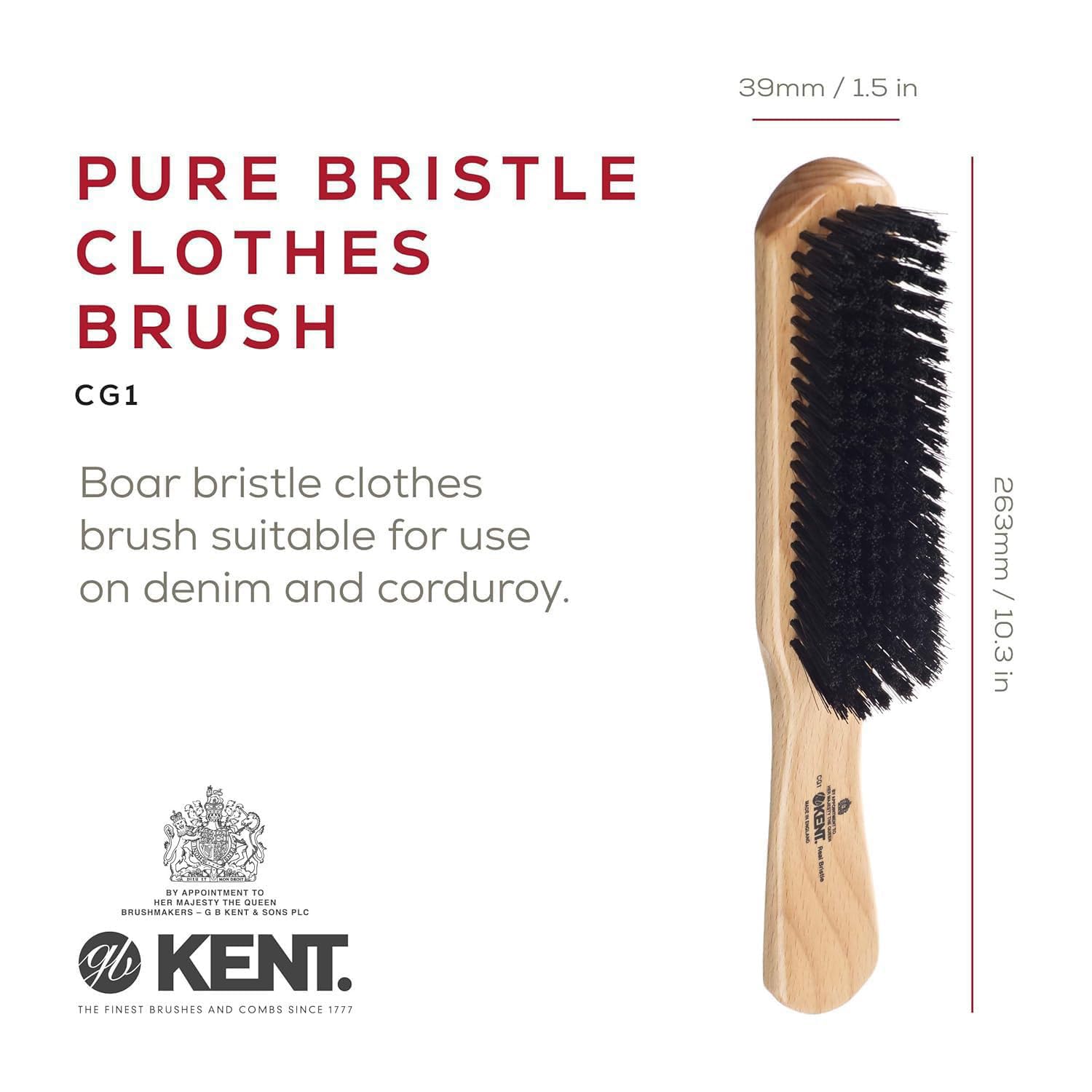 Kent CG1 Clothes Brush Cherrywood 100% Natural Black Bristle and Lint Remover Especially for Jeans or Corduroy Garments for Keeping Fabrics Free from