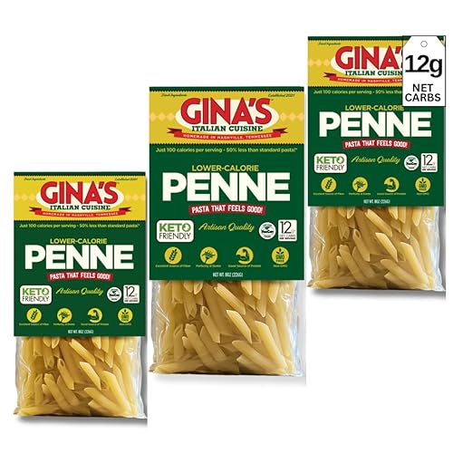 Gina's Italian Cuisine Low Carb/Low Calorie Healthy Pasta, Penne - 100 Calories/Serving Low Net Carbs, High Fiber, High Protein, Plant-Based, Vegan