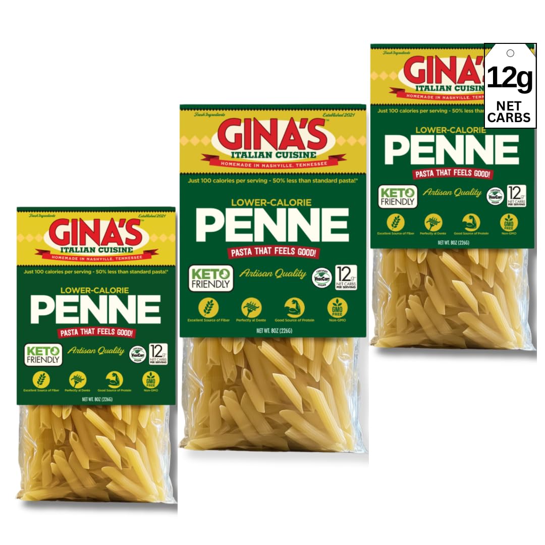 Gina's Italian Cuisine Low Carb/Low Calorie Healthy Pasta, Penne - 100 Calories/Serving Low Net Carbs, High Fiber, High Protein, Plant-Based, Vegan
