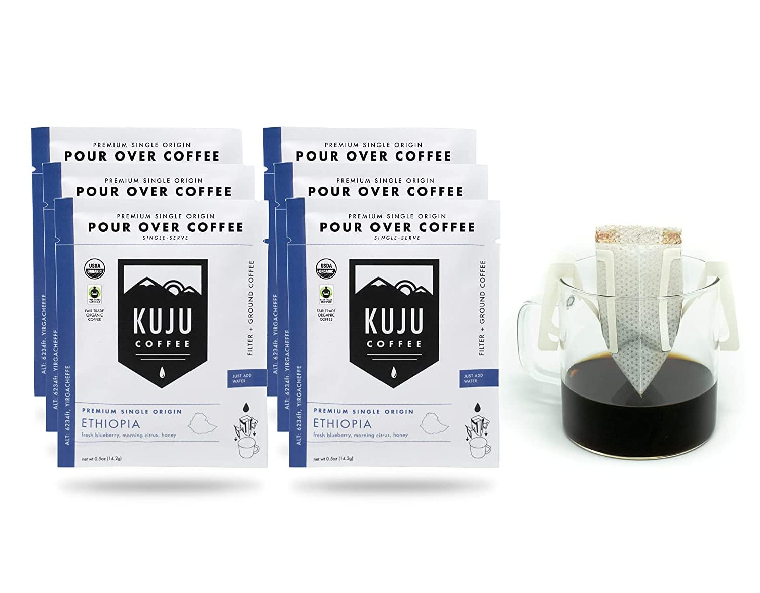Kuju Coffee Premium Pour Over Individual Coffee Packets - Backpacking, Travel, Camping Organic Coffee Singles - Fair Trade & Eco-Friendly - Ethiopia