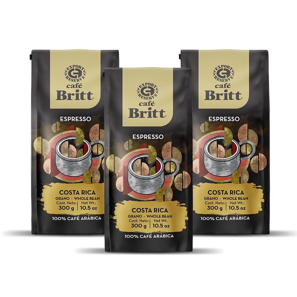 Café Britt® - Costa Rican Espresso Coffee (10.5 oz.) (3-Pack) - Whole Bean, Arabica Coffee, Kosher, Gluten Free, 100% Gourmet & Dark Roast