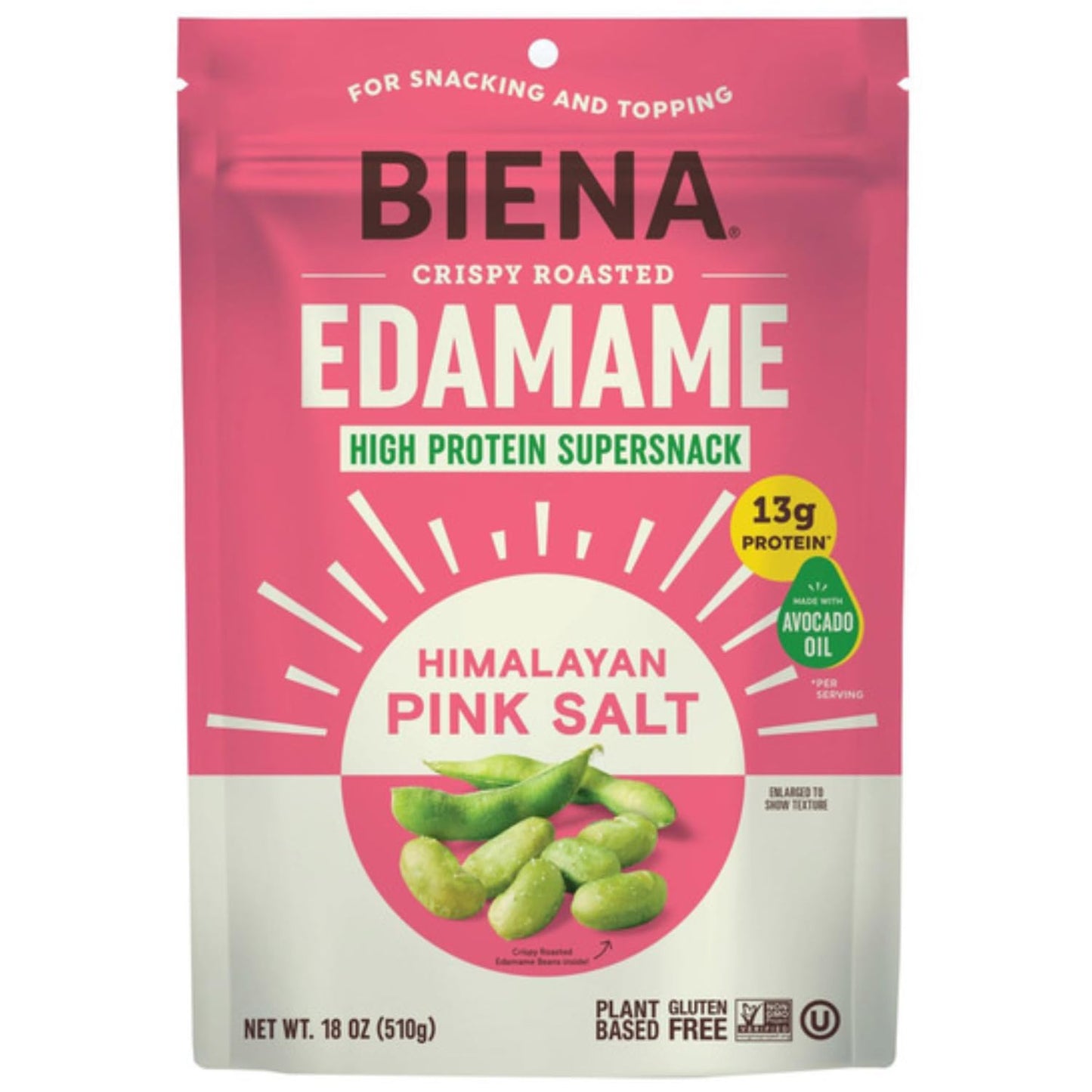 Biena Roasted Edamame Himalayan Pink Salt, 18 oz Bag, Crunchy Plant Based Protein Snack, Made with Avocado Oil, 11g Protein, 4g Fiber, Gluten Free