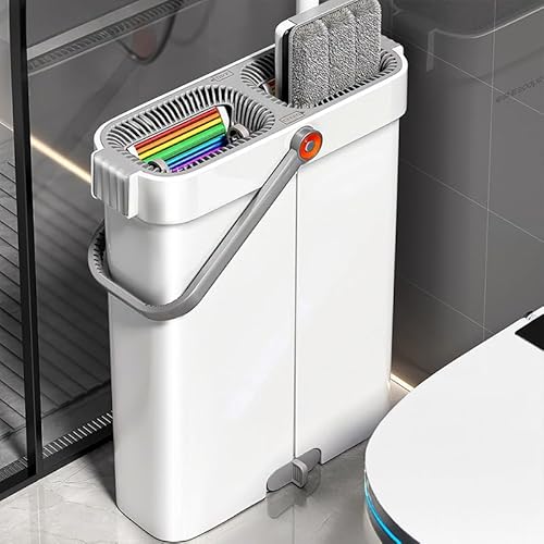 CTIME Flat Mop and Bucket Set with Wringer?Wet and Dry Use?Hands-Free Flat Mops for Floor Cleaning and Window Wall Cleaner with 2 Microfiber Pads.