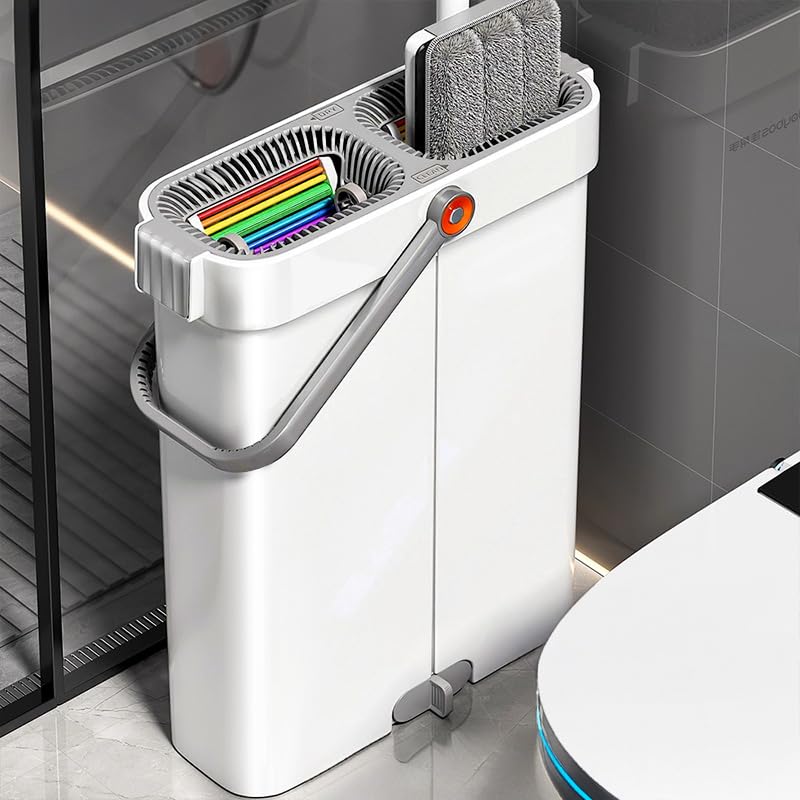 CTIME Flat Mop and Bucket Set with Wringer?Wet and Dry Use?Hands-Free Flat Mops for Floor Cleaning and Window Wall Cleaner with 2 Microfiber Pads.