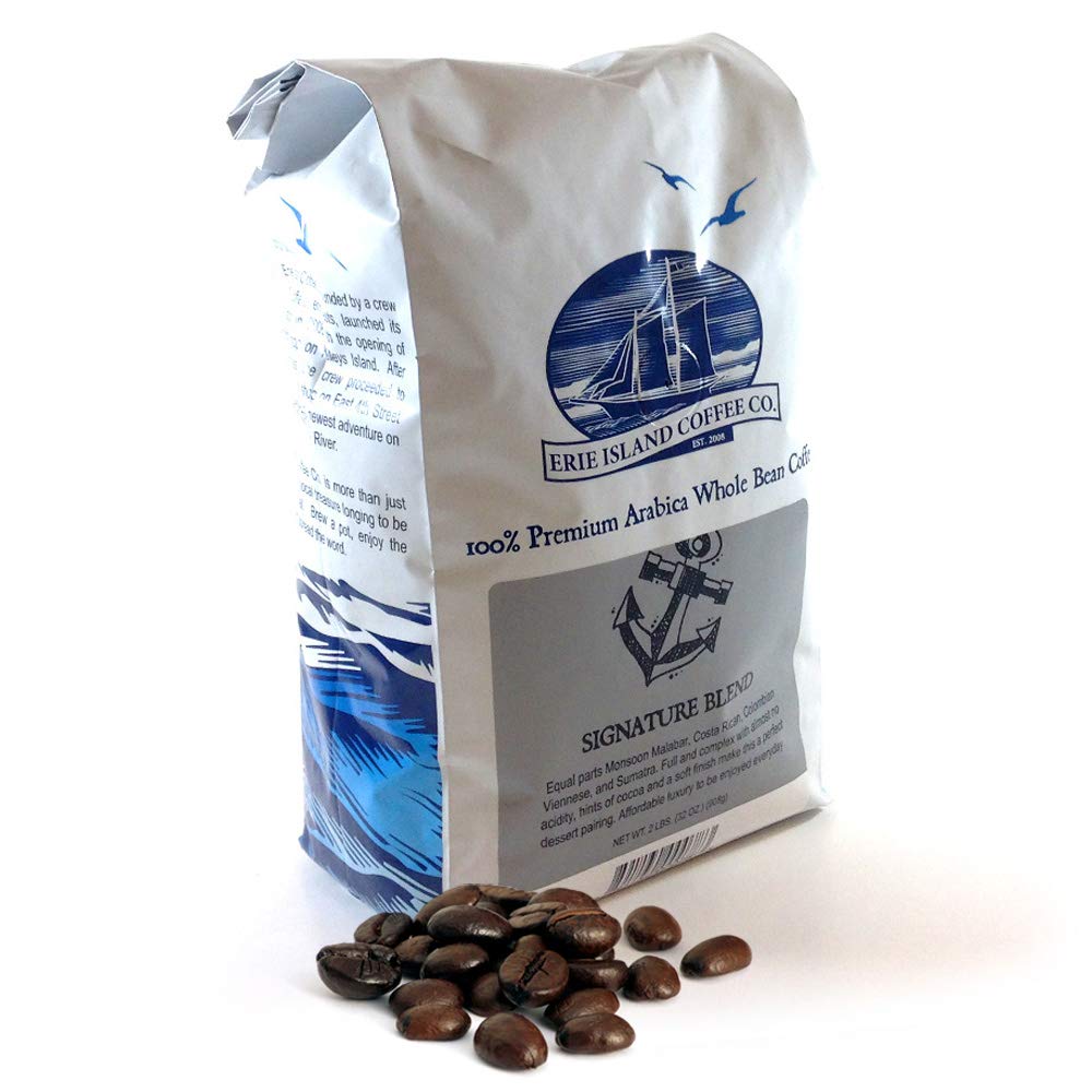 Erie Island Coffee, Whole Bean Signature Blend, Medium Roast, 2 LB. Bag, Flavorful Blend of Monsoon Malabar, Costa Rican, Columbian, Viennese