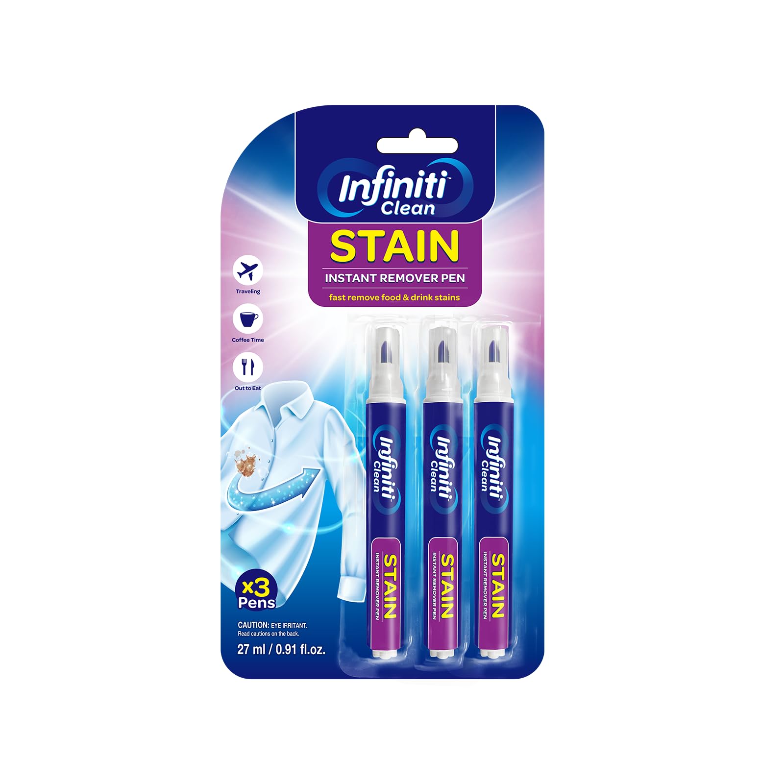 Infiniti Clean Stain Removal Pen (3 Pack) - 27ml (0.91 fl.oz) Each, Instant Fabric Stain Remover for Clothes, Portable Stain Eraser for Coffee, Wine