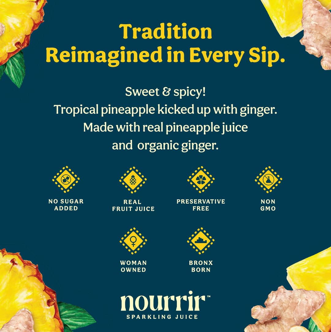Nourrir Sparkling Pineapple Ginger Juice, Real Fruit, Tropical Zest & Spiced Warmth, Non-GMO, Gluten-Free, Non-Alcoholic, 90 cals, 0g Added Sugar