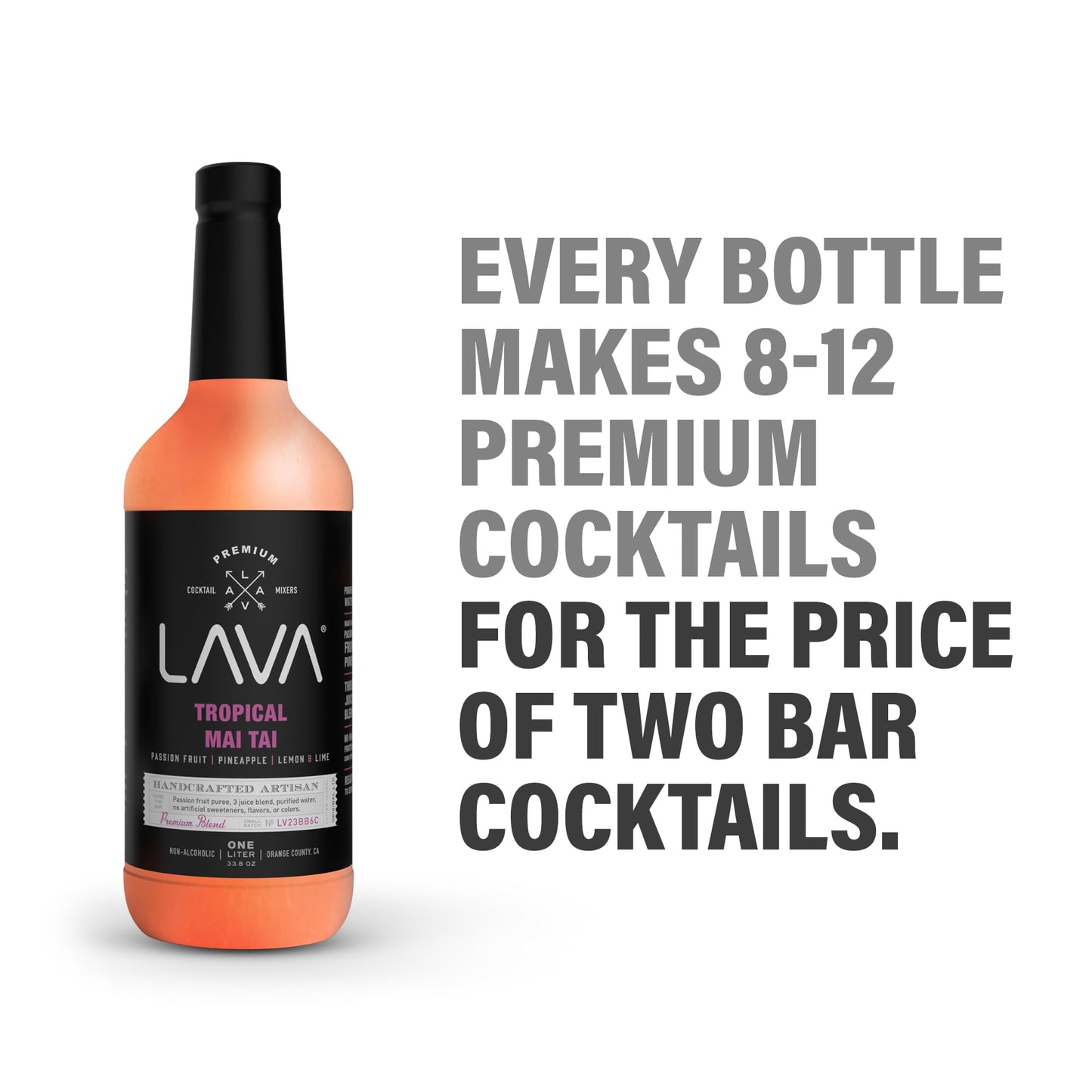 LAVA Premium Tropical Mai Tai Mix made with real passion fruit, pineapple, lemon and lime, no artificial sweeteners, 1-Liter (33.8oz) Glass Bottle