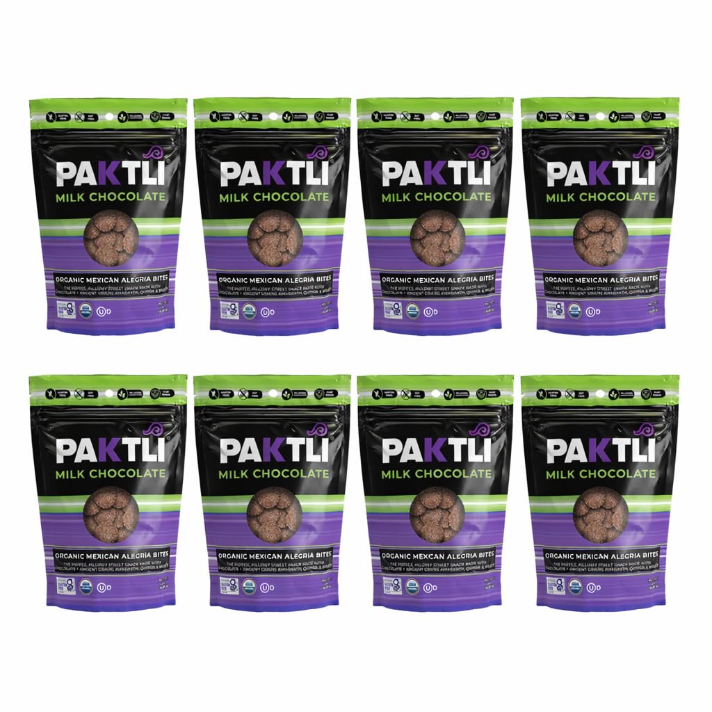 Paktli Organic Alegría Bites 8-Pack - Milk Chocolate Covered Ancient Grains, Eight 2oz Bags, Organic Amaranth, Quinoa & Millet Snack, Non-GMO