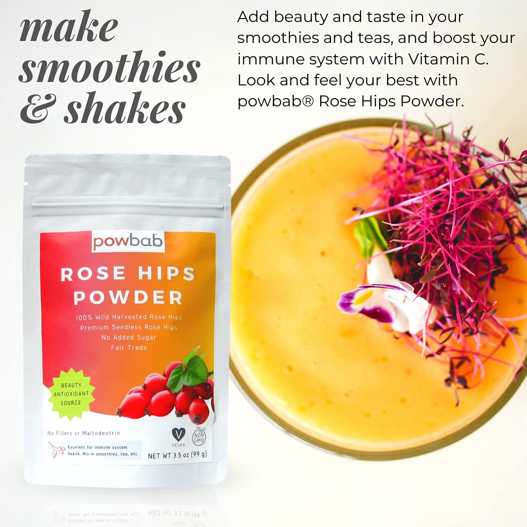 powbab Rose Hips Powder from 100% Wild Organic Rosehip. Premium Rosa Rubiginosa. Seedless Ground Rosehips from Whole Dried Rose Hips. No Added Sugar