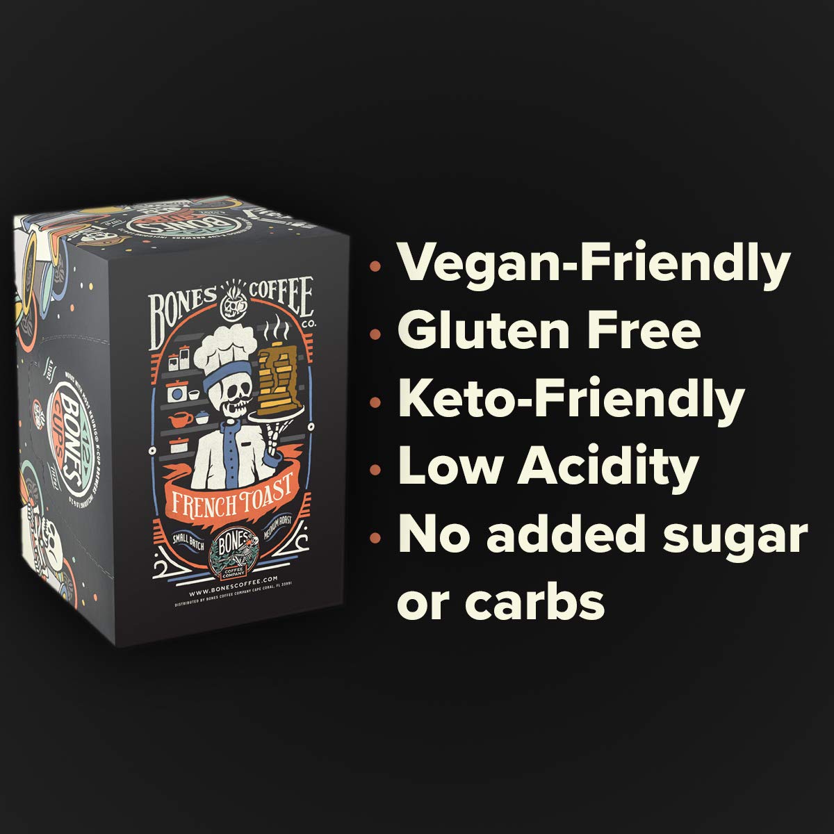 Bones Coffee Company Flavored Coffee Bones Cups French Toast | 12ct Single-Serve Coffee Pods Compatible With 1.0 & 2.0 Keurig Coffee Maker | Sweet
