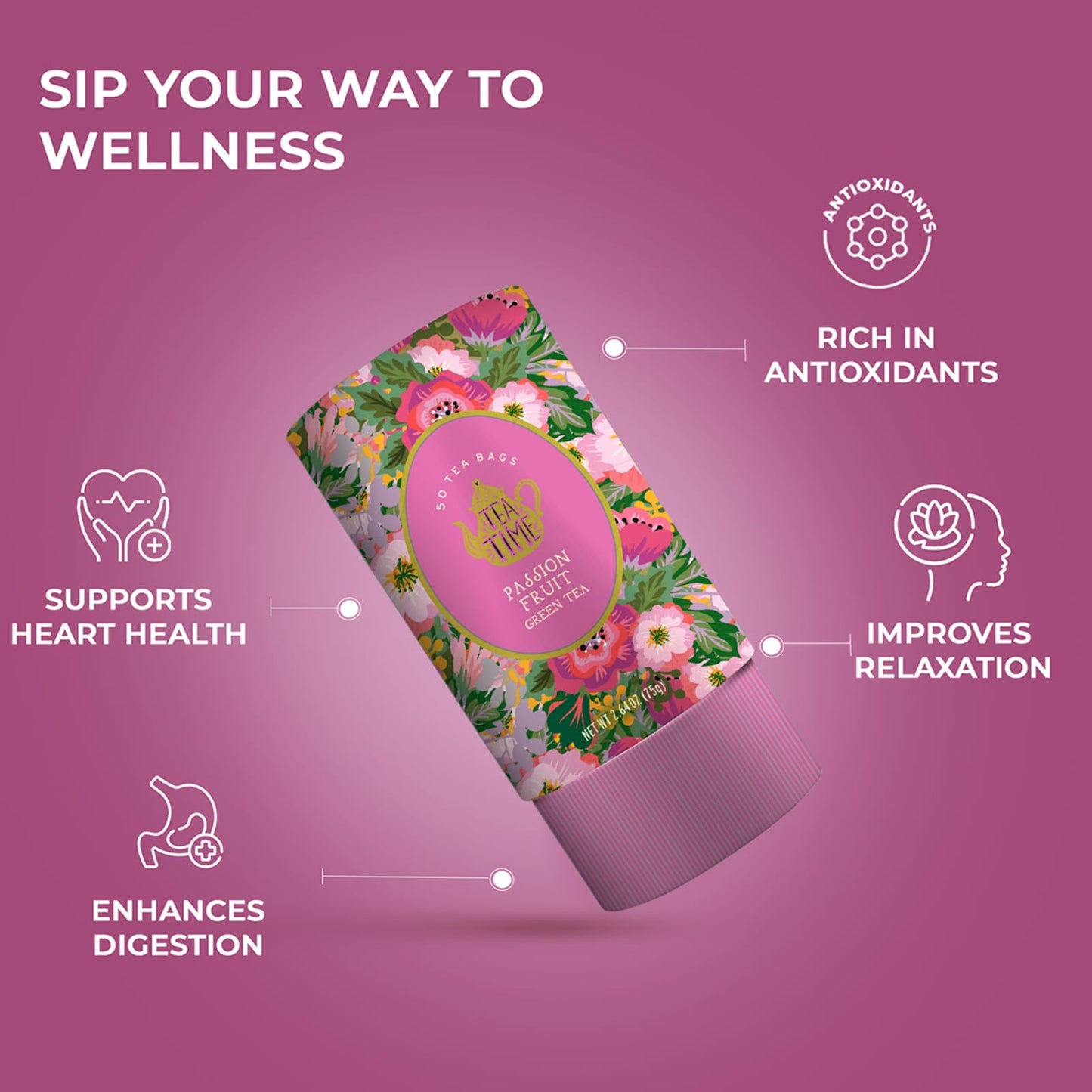 Life Plus Style Gourmet TEA TIME Passion Fruit Green Tea Natural Fruit Caffeinated Ceylon Teas Passion Green Tea Sweet Refreshing Hot or Cold 50 Tea