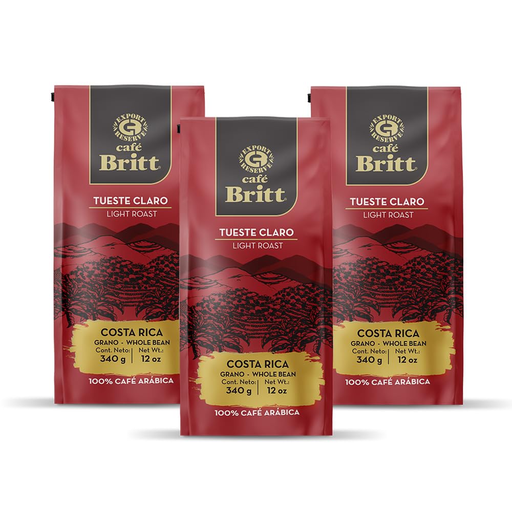 Café Britt® - Costa Rican Light Roast Coffee (12 oz.) (3-Pack) - Whole Bean, Arabica Coffee, Kosher, Gluten Free, 100% Gourmet & Light Roast