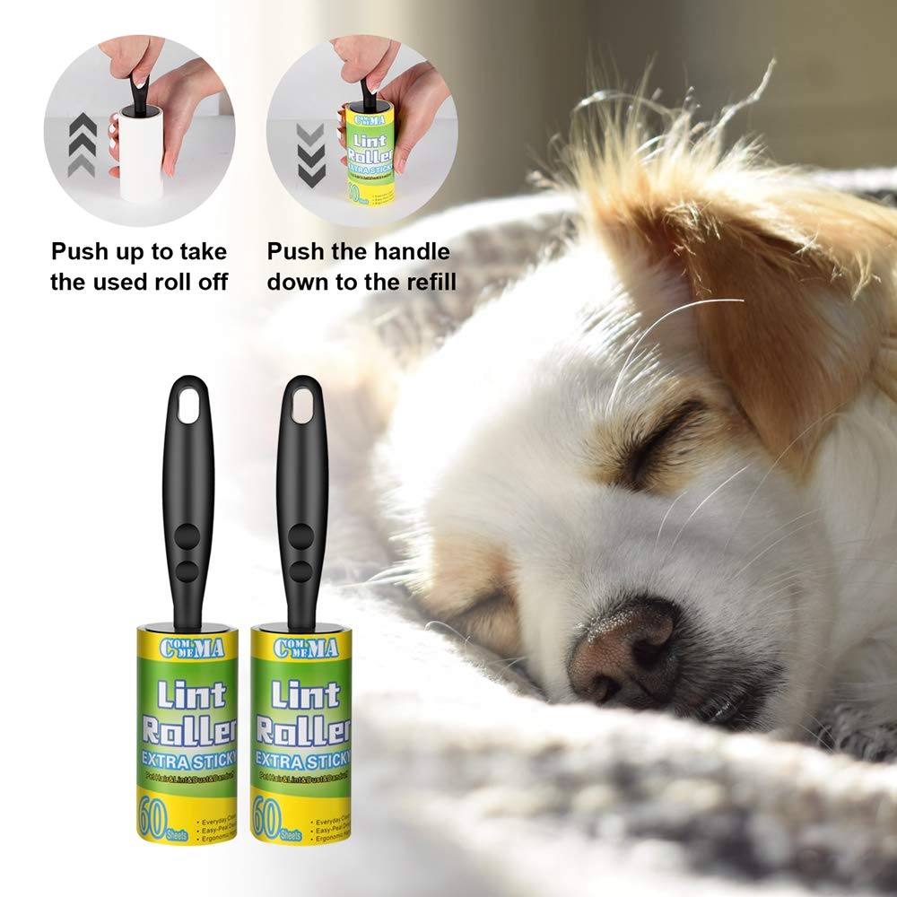 COMMEMA Lint Rollers for Pet Hair Extra Sticky, Pet Hair Remover Set Brush for Dog & Cat Hair Removal, Clothes, Furniture, 2 Handles with 4 Refills