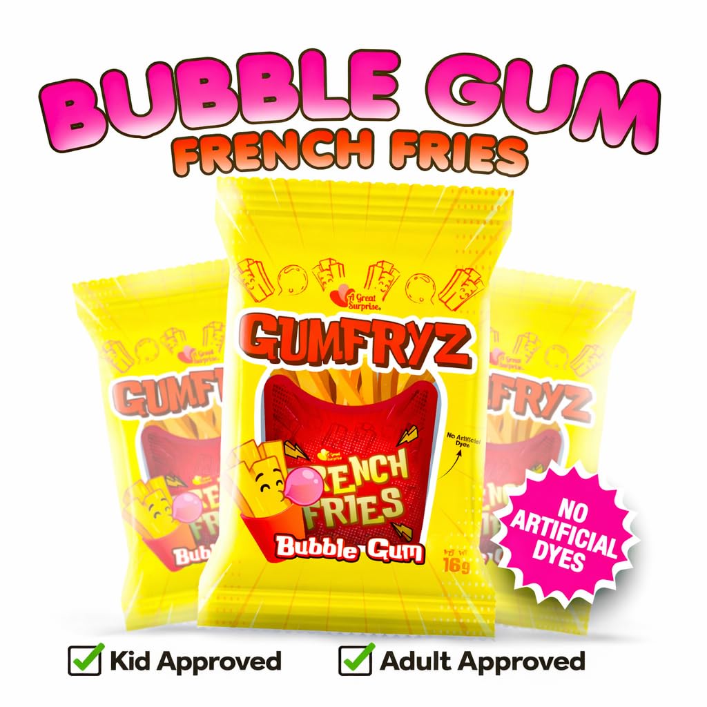 French Fries Bubble Gum - 24 Count Bulk Pack - Novelty Fry-Shaped Bubble Gum Bags - No Artificial Dyes - Fun Food Theme Party Candy