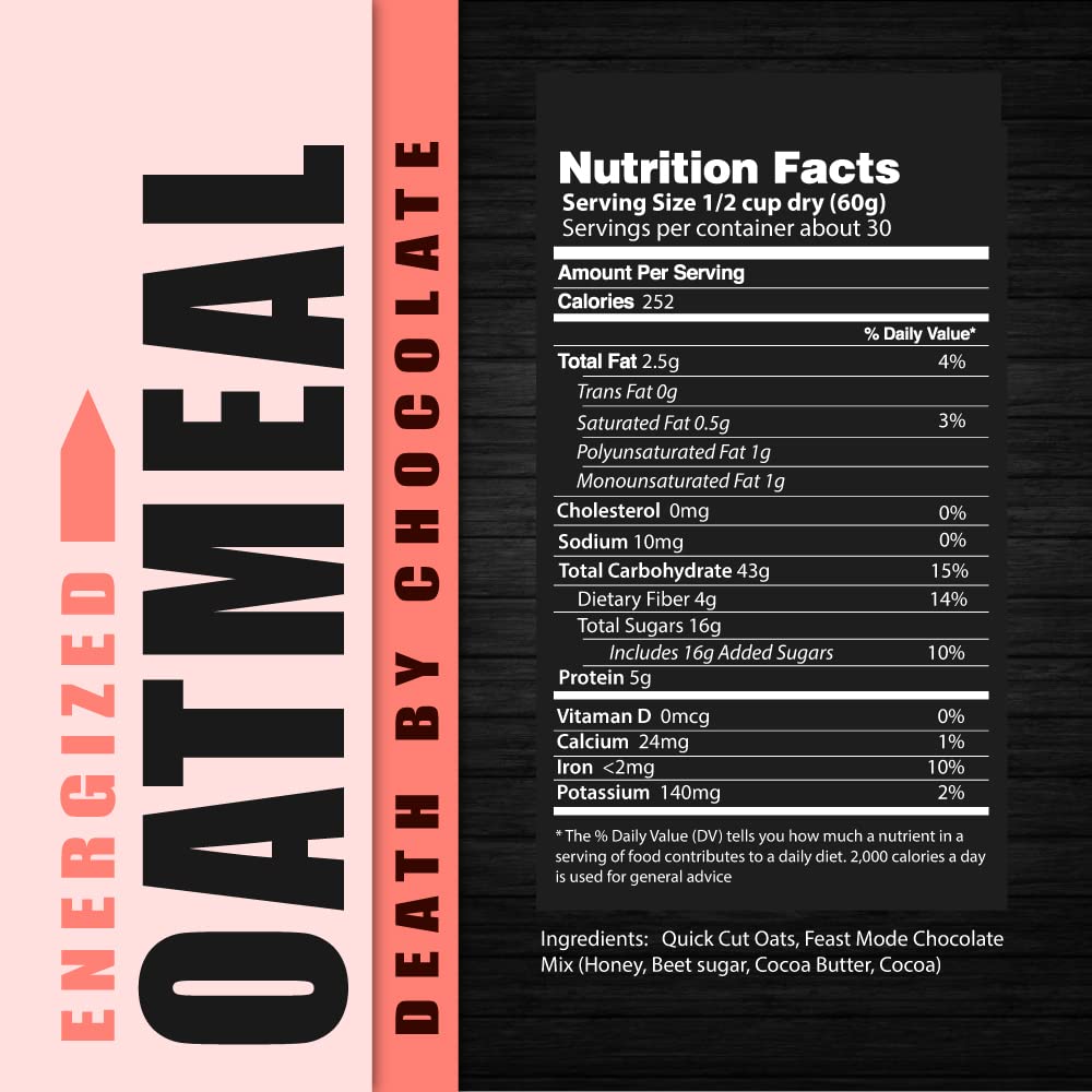 NEW! Energized Oatmeal Death By Chocolate - Feast Mode Flavors - 40 ounce, 2.5 pounds, 30 servings, breakfast healthy health antioxidants gluten free