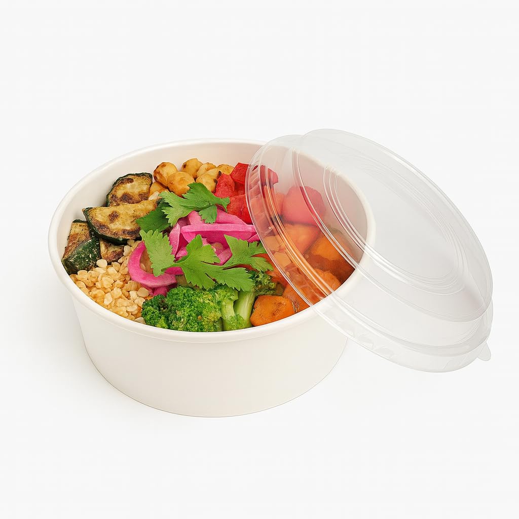 DHG PROFESSIONAL 100 Pack 42oz Disposable White Round Bowl with Plastic Lids, Round Shape Paper Bowls White Paper Salad Bowl for Soup Stews